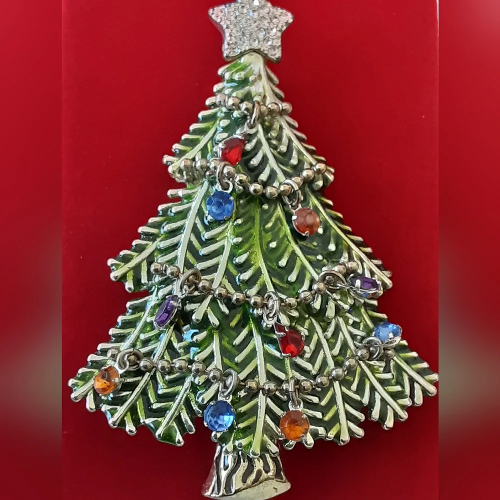 Avon 2008 5th Annual Dangling Rhinestone Enamel Christmas Tree Brooch  Vtg/NIB